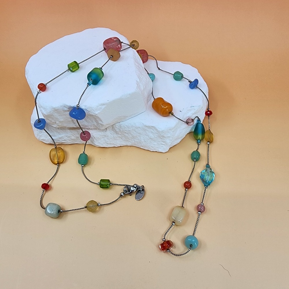 Multicolor Beaded Long Necklace Silver Tone Chain Colorful Whimsy Statement Gift